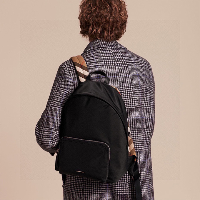 burberry technical nylon calf leather trim vintage check strap daily commute backpack